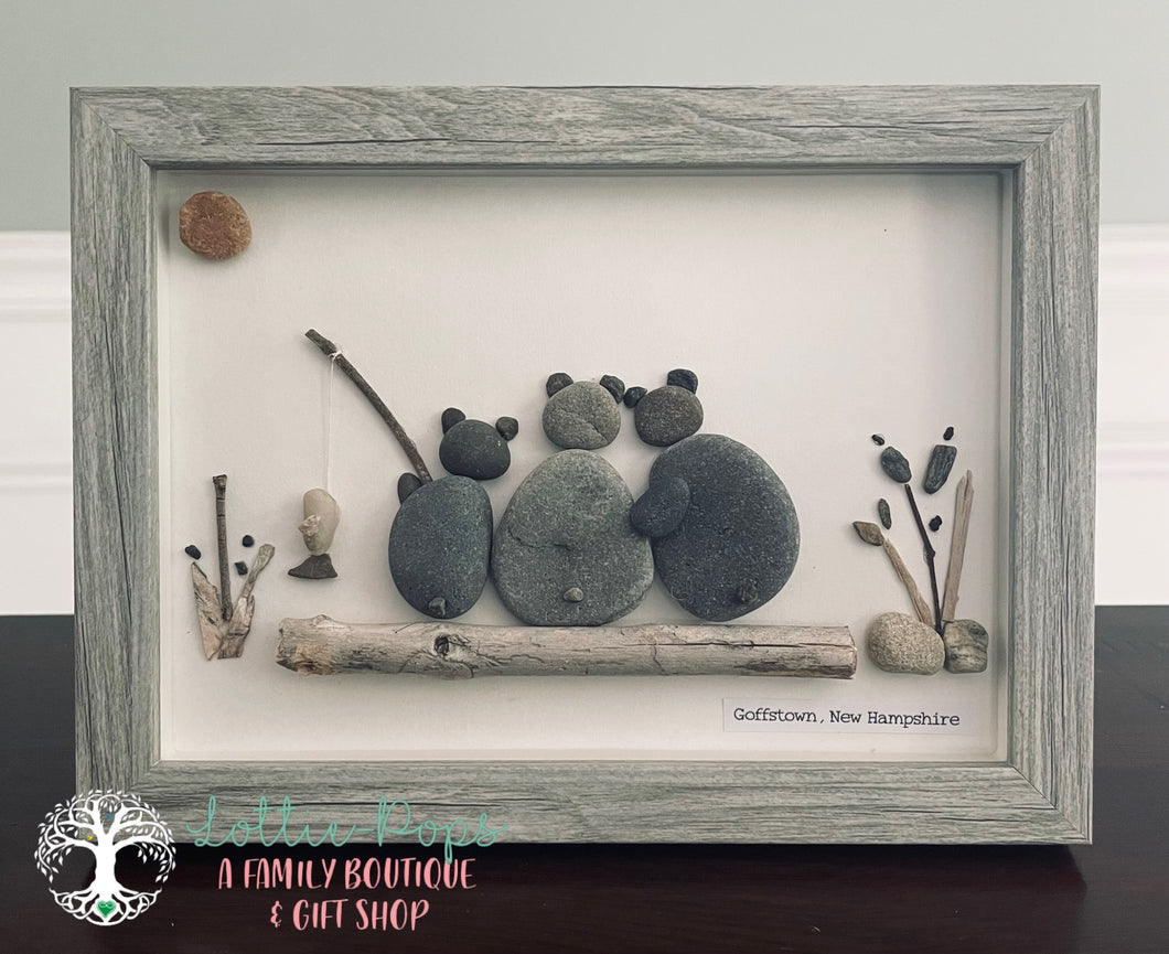 3 BEARS FISHING ON A LOG - MOTHER AND SON STONE ART